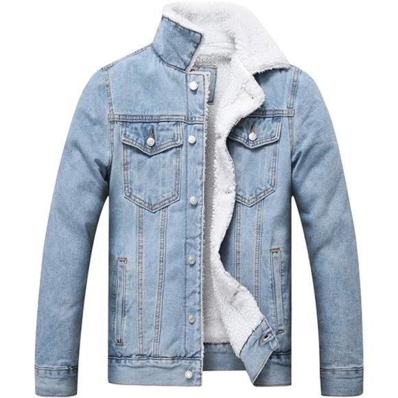 Other - Men's Faux Fur Collar Sherpa Fleece Lined Distressed Denim Trucker Jacket